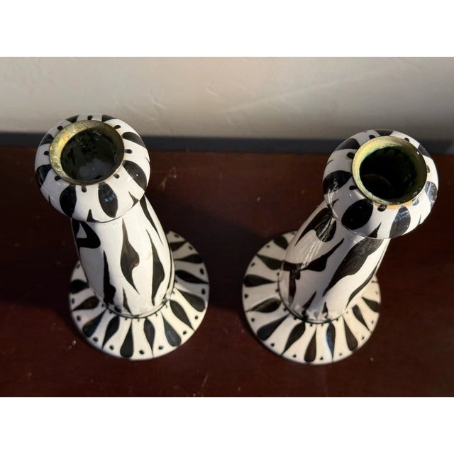 1990s Vintage Evandale Pair 9” Porcelain Handpainted Black/White Noble Signed Candleholders-Pair For Sale - Image 5 of 6