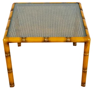 Bamboo Wooden Auxiliary Table in Cannage and Square Glass, 1970s
