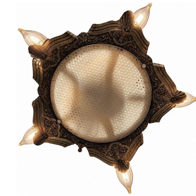 Art Deco Brass Chandelier with replacement Plexiglass dome Shade and added switch on. This Art Deco chandelier features a...