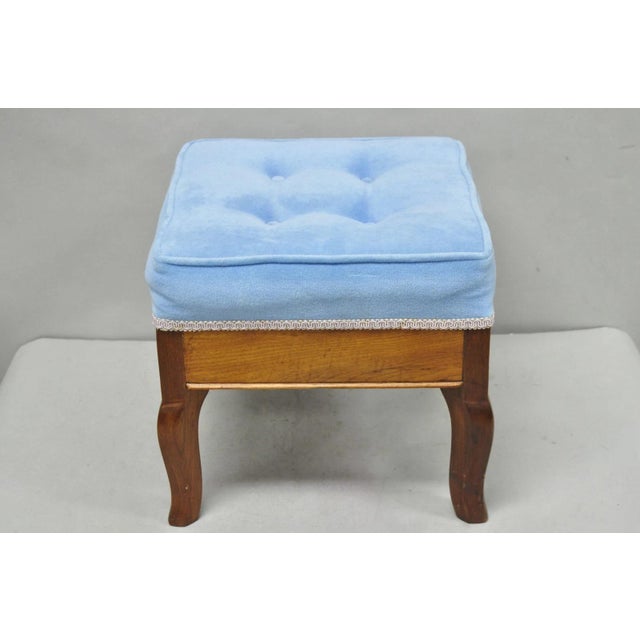 Blue Antique Victorian Walnut Cabriole Leg Blue Tufted Footstool Ottoman Stool For Sale - Image 8 of 15