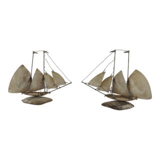 Antique Mother-of-Pearl Shells Sailboats Decorative Accessories With Silver Wiring - Set of 2 For Sale