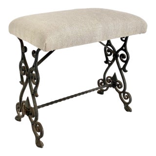 1930s French Wrought Iron and Linen Bench For Sale