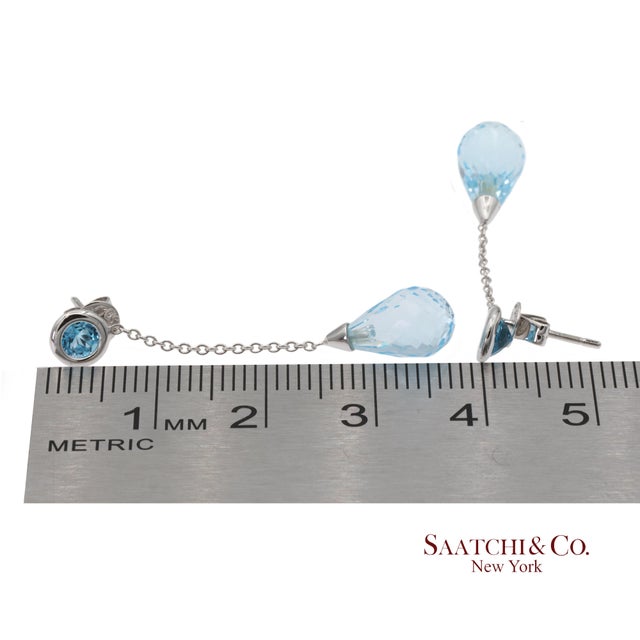 18k 750 Solid White Gold Blue Topaz Drop Earrings, Pair For Sale - Image 12 of 12