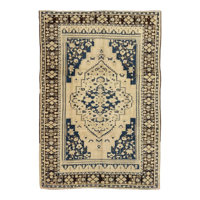 Mid 20th Century Vintage Turkish Medallion Oushak Rug in Navy Blue, D. Brown and Cream Tones For Sale