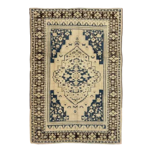 Mid 20th Century Vintage Turkish Medallion Oushak Rug in Navy Blue, D. Brown and Cream Tones