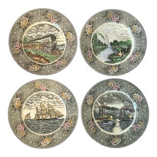 Antique Set 4 Currier & Ives American Engravings for the People Dinner Plates. For Sale