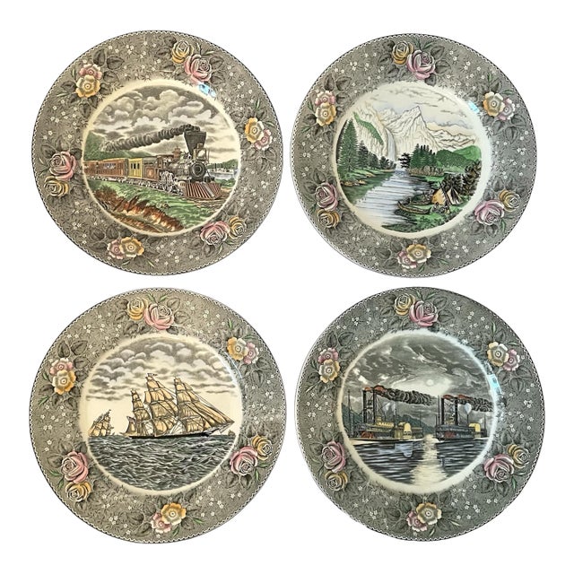 Antique Set 4 Currier & Ives American Engravings for the People Dinner Plates. For Sale