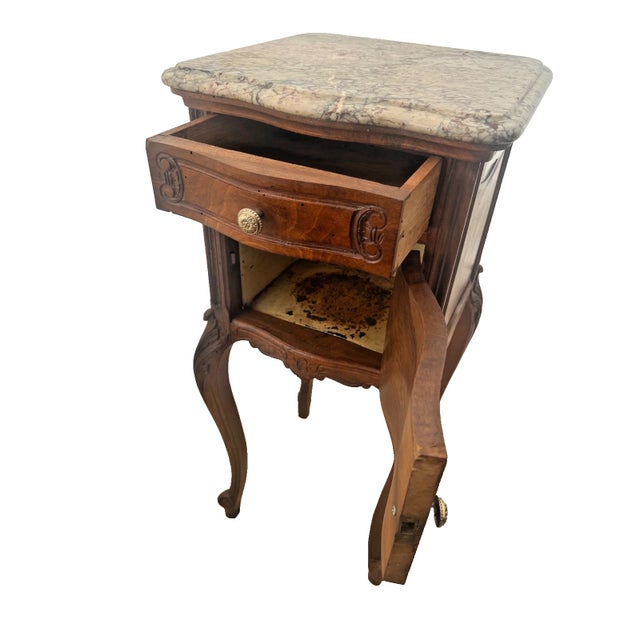 French Antique French Nightstand Marble Top Commode Cabinet, Drawer, Carved Walnut For Sale - Image 3 of 12