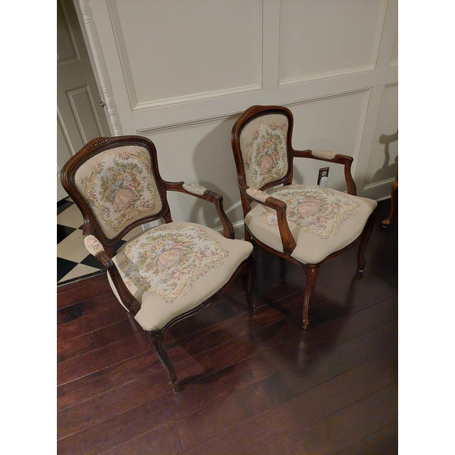 Early 21st Century Louis XV Style Carved Wood Arm Chairs With Floral Tapestry Upholstry For Sale - Image 5 of 8