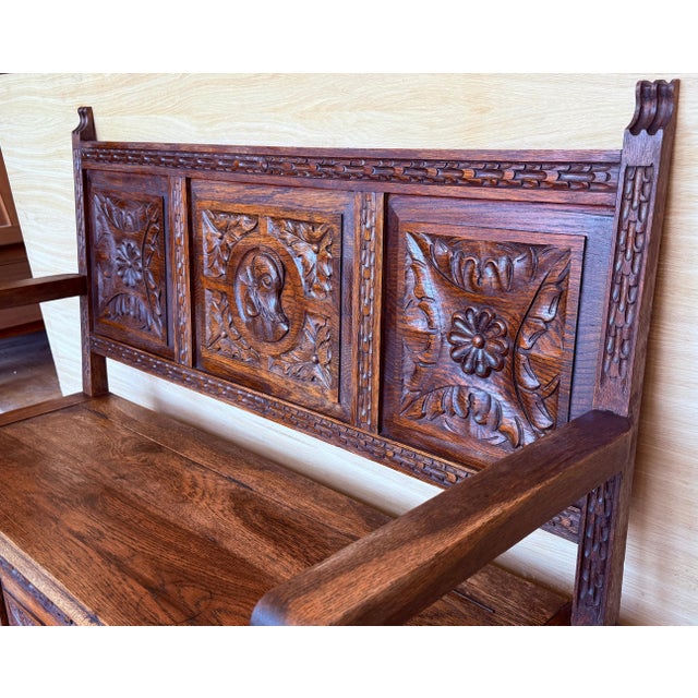 19th Spanish Carved Large Hall Bench with Storage For Sale In Miami - Image 6 of 18