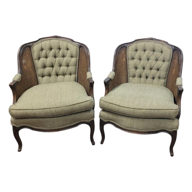 Pair French Double Cane 1950s Bergere Chairs For Sale