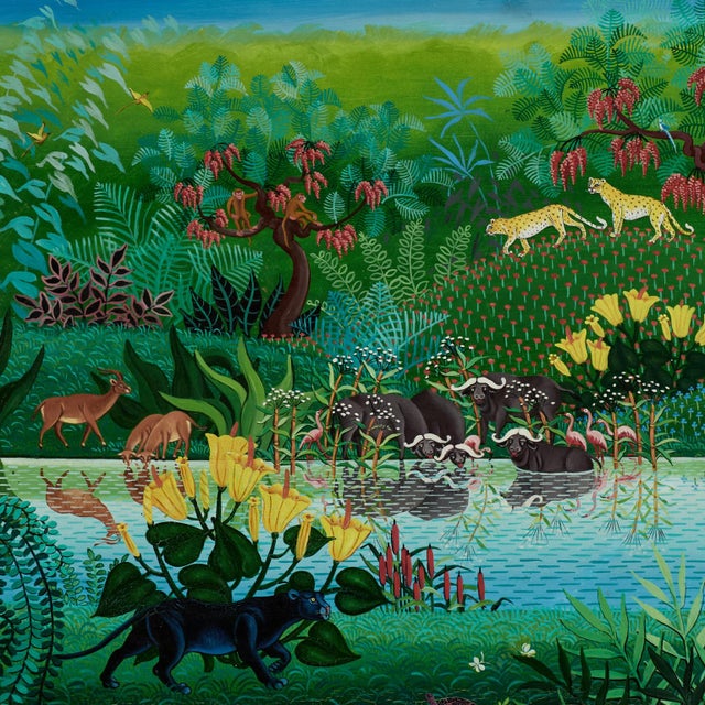 1970s Vintage Haitian Painting of a Jungle Scene With Animals For Sale - Image 5 of 11