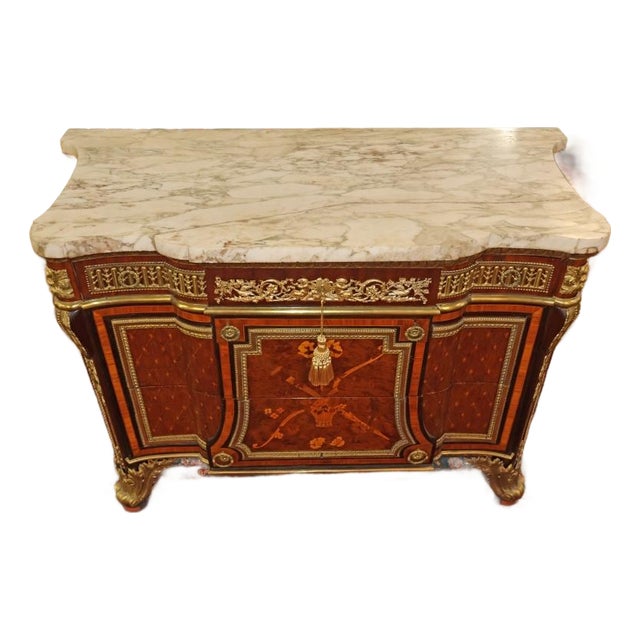 19th Century French Bronze Mount Inlaid Acajou Mouchete Riesener Style Commode For Sale