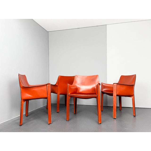 CAB 413 Armchairs in Cognac Brown Leather by Mario Bellini for Cassina, Italy, 1970s, Set of 4 For Sale - Image 15 of 16