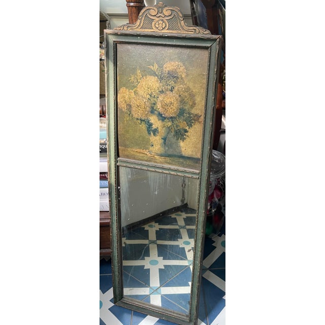 Antique Trumeau Mirror With Hand Carved Details and Printed Chrysanthemum Artwork by M. Streckenbach For Sale - Image 11 of 12
