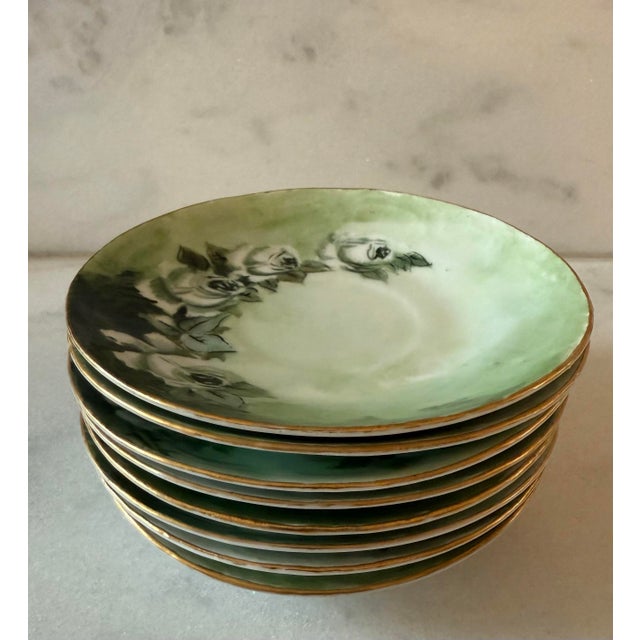 Ceramic Set of 8 Antique Porcelain Green and White Small Plates For Sale - Image 7 of 11