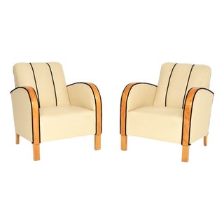 Art Deco Swedish Leather and Satin Birch Armchairs, 1930s, Set of 2 For Sale