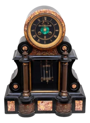 French Patinated Marble and Slate Mantel Clock