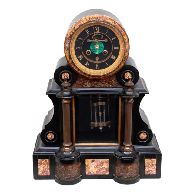 French Patinated Marble and SMantel Clock For Sale