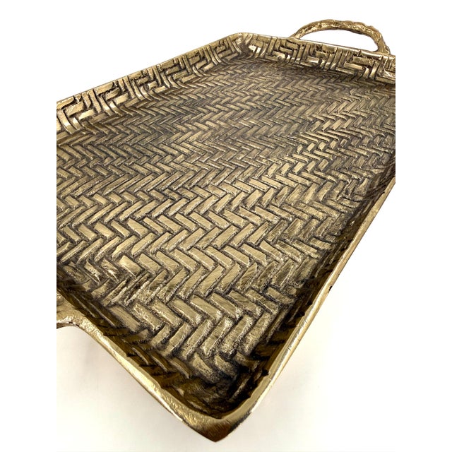 Large Indian Textured Antique Gold Forged in Herringbone Serving Tray With Handles For Sale - Image 4 of 11