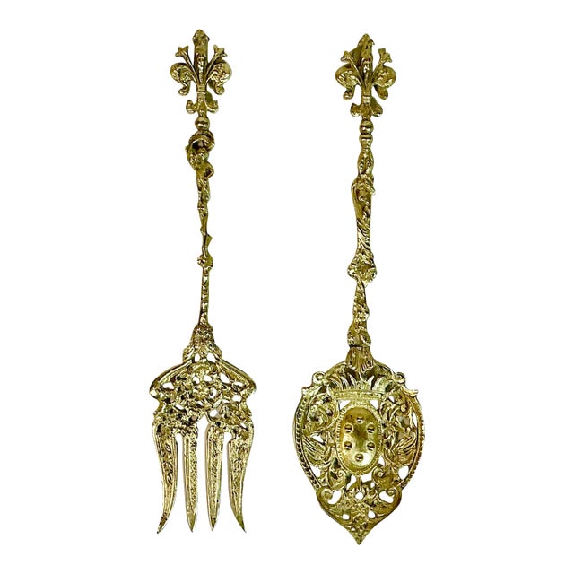 1940s Vintage Italian Baroque Rocco Brass Serving Utensils, Meat Fork and Spoon - Set of 2 For Sale