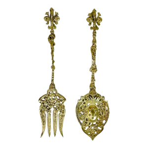 1940s Vintage Italian Baroque Rocco Brass Serving Utensils, Meat Fork and Spoon - Set of 2