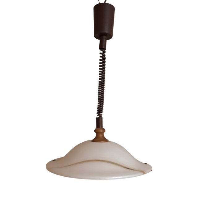 Vintage Height-Adjustable German Ceiling Lamp with Plastic Shade on an Oak Wood Mount from Aro-Leuchten, 1980s For Sale