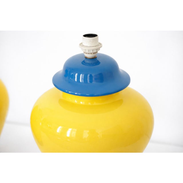 Yellow French Yellow and Cobalt Blue Glazed Ceramic Table Lamps, 20th Century, Set of 2 For Sale - Image 8 of 11