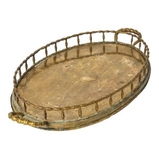 Large Vintage Brass Oval Bamboo Tray With Handles Decorative Serving Tray For Sale