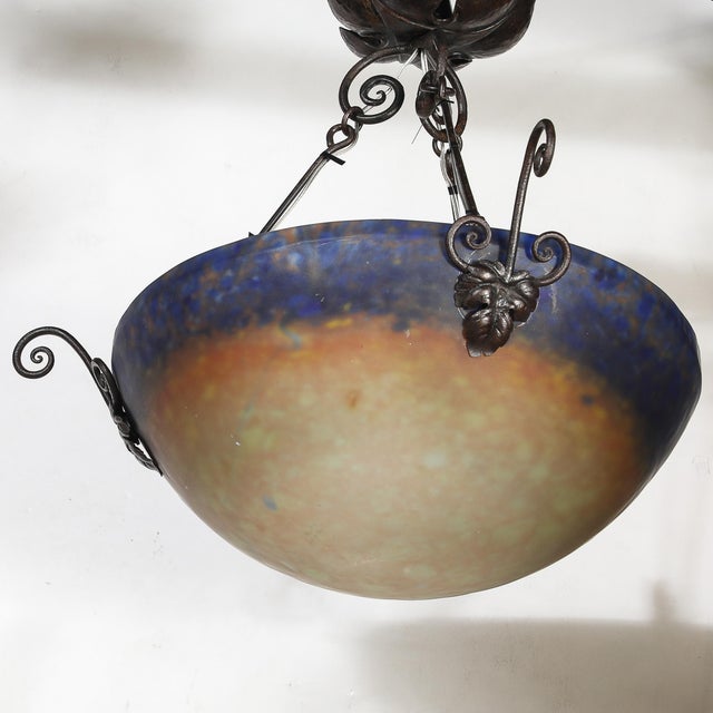 Amber Art Deco Pâte De Verre Blue & Smoked Honey Glass Chandelier W/ Leaf Form Fitting For Sale - Image 8 of 18