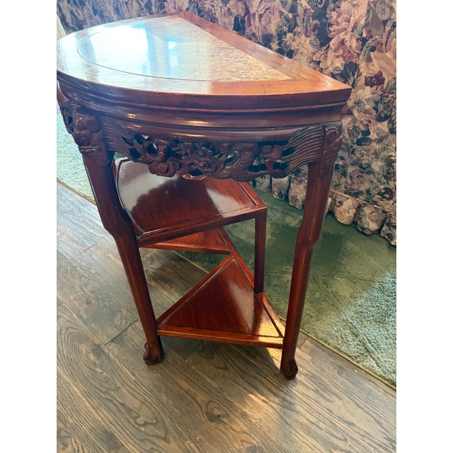 Vintage Chinese Carved Hardwood Demilune Console With Marble Top For Sale - Image 4 of 8