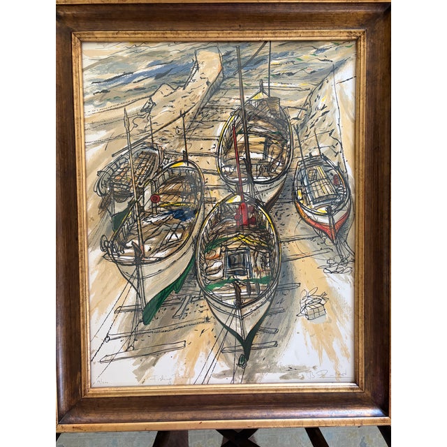 1970s “Fishing Boats” by Bruno Zupan Signed Limited Edition Lithograph 14/200 17x33 - Framed For Sale - Image 11 of 12