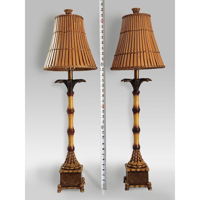 Gabriella Crespi Vintage Tropical Palm Tree Table Lamps With Bamboo Shades Restored - A Pair For Sale - Image 4 of 13
