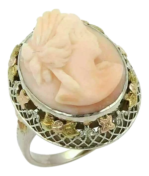 Coral Woman Cameo 14k Tri Gold Filigree Ring