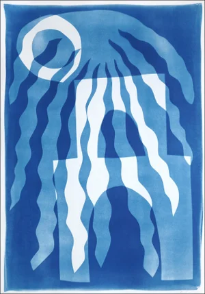 2025, Desert Modernism Style, Cyanotype Print on Watercolor Paper, Surreal Desert Landscape by Kind of Cyan