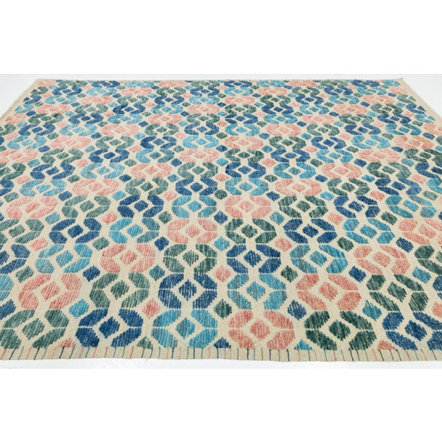 Blue Modern Geometric Tulu Style Hand-Knotted Wool Area Rug in Terracotta and Blue For Sale - Image 8 of 11