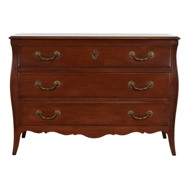 John Widdicomb Style French Provincial Louis XV Carved Cherry Wood Commode or Chest of Drawers, Circa 1940s For Sale