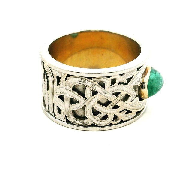 Vintage Samuel Aaron 14k White Gold Cabochon Emerald Wide Band Ring, Size 9.75 For Sale In Miami - Image 6 of 12