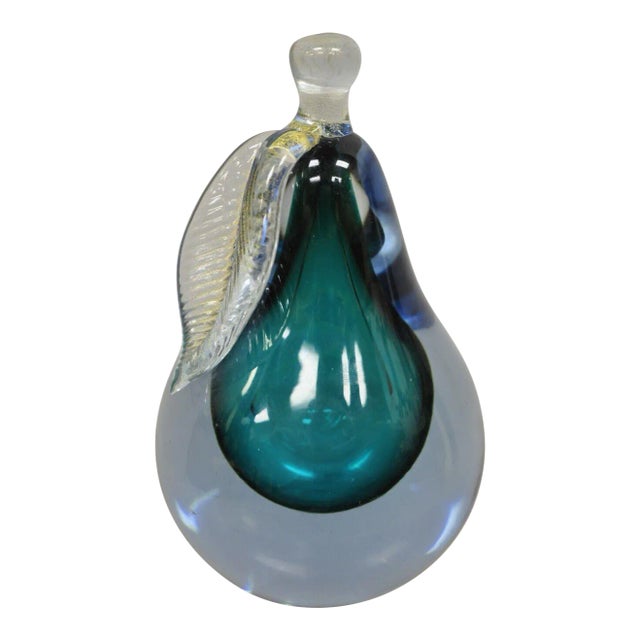 Italian Murano Blue 7" Blown Art Glass Pear Fruit Gold Flecks Leaf Paperweight For Sale