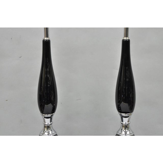 Vintage Mid Century Modern Black Glazed Ceramic & Chrome Table Lamps - A Pair For Sale In Philadelphia - Image 6 of 12