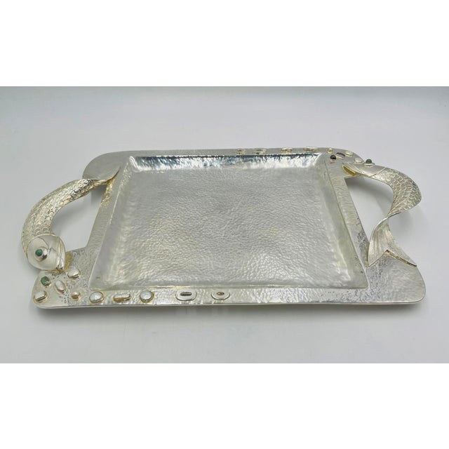 Emilia Castillo 1980s Emilia Castillo Silver-Plated Serving Tray With Fish Handles & Abalone Inlay For Sale - Image 4 of 18
