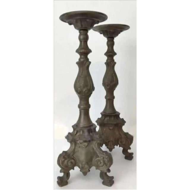 Rococo Vintage Bronze Altar Style Candle Holders- A Pair For Sale - Image 3 of 9