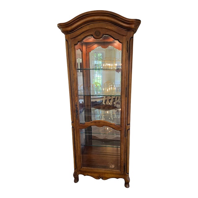 1990s Ethan Allen Country French Curio Cabinet Glass Display Case China Hutch Lighted For Sale