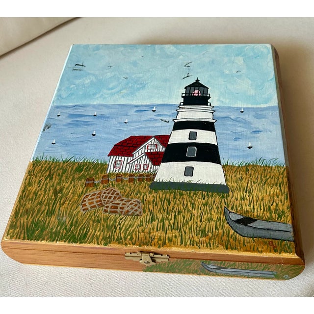 Coastal Chic Hand Painted Lighthouse Cigar Box, Signed by Artist For Sale - Image 12 of 13