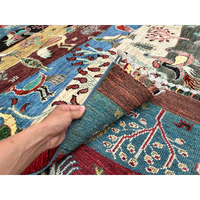 Multicolor Afghan Pictorial Bird & Tree Hand-Knotted Wool Rug - 9'7" X 6'9" For Sale - Image 15 of 15