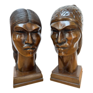 1940s Signed Silva Art Deco Carved Wood Busts - A Pair
