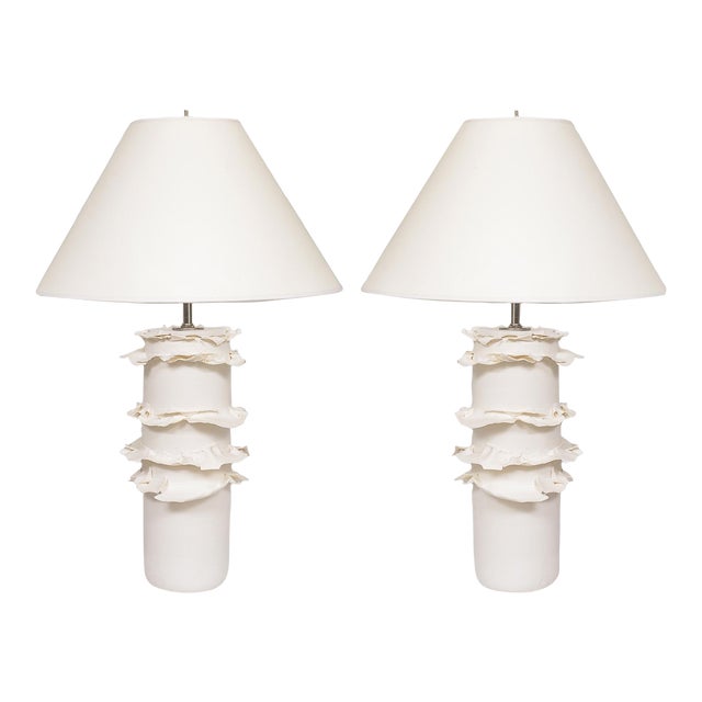 Pair of French Bespoke Ceramic Ruffle Lamps For Sale