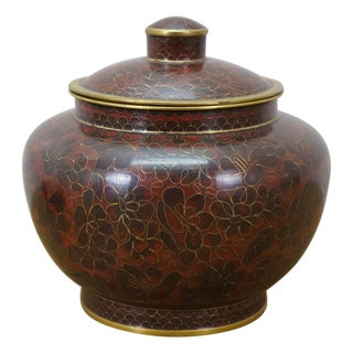 Vintage Chinese Cloisonne Enameled Oxblood Ginger Jar Mantel Urn For Sale