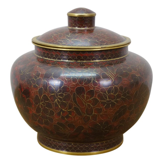Vintage Chinese Cloisonne Enameled Oxblood Ginger Jar Mantel Urn For Sale