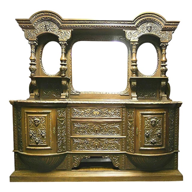 American Victorian Oak Sideboard With Carved Details & Triple Mirror, c.1880 For Sale